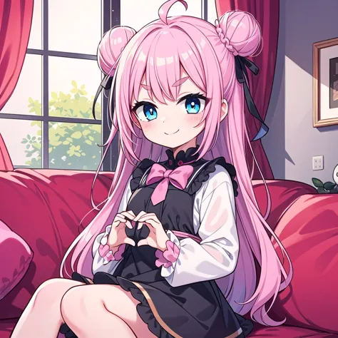 anime girl sitting on a couch with a pink hair and blue eyes