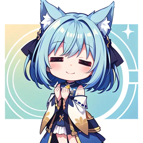 <lora:hotarueye_comic3_type3:2> closed eyes, 1girl, (chibi:1.4), smile, closed mouth, upper body, standing, animal ear, blue hai...