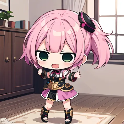 <lora:hotarueye_jitome1_v100:1>, 1girl, (chibi:1.4), smile, open mouth, dynamic angle, standing, , pink hair, indoors