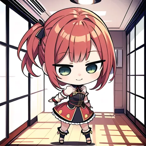 <lora:hotarueye_jitome1_v100:1>, 1girl, (chibi:1.4), smile, closed mouth, dynamic angle, standing, , red hair, indoors