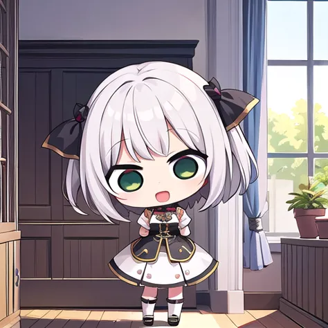 <lora:hotarueye_jitome1_v100:1>, 1girl, (chibi:1.4), smile, open mouth, upper body, standing, , white hair, indoors