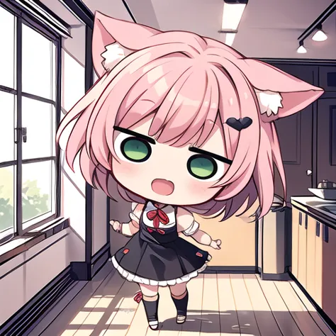 anime girl with pink hair and green eyes in a kitchen