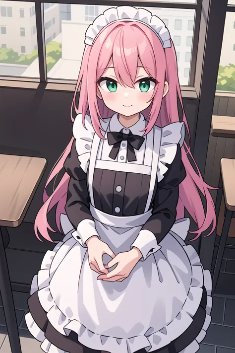 insanely detailed, absurdres, ultra-highres, ultra-detailed, best quality,
1girl, solo, nice hands, perfect hands
BREAK
(cleavage:-1.5),
(classical maid:1.2),
apron, blush, bow, bowtie, frilled apron, frills, long sleeves, maid, maid apron, maid headdress, waist apron, white apron,
(maid costume, maid hair dress:1.3), long skirt
BREAK
happy smile, laugh, closed mouth
BREAK
from above,
standing, cowboy shot, looking at viewer
BREAK
slender, kawaii, perfect symmetrical face, ultra cute girl, ultra cute face, ultra detailed eyes, ultra detailed hair, ultra cute, ultra beautiful
BREAK
in coffee shop, indoors, depth of field, ultra detailed background
BREAK
medium breasts
BREAK
(pink hair, dark green eyes), long hair, hair between eyes