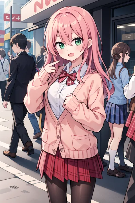 insanely detailed, absurdres, ultra-highres, ultra-detailed, best quality,
1girl, solo, nice hands, perfect hands
BREAK
(School Uniforms:1.2), (pink cardigan is fit body:1.4), ((do up a buttons, not loose):1.5), ((long sleeve, sleeves past wrists):1.2), (inner wear is white collared-shirt:1.3), (red plaid-pattern bow:1.3), (red plaid-pattern pleated skirt:1.3), ((dark-brown pantyhose, loafers):1.2)
, (nsfw:-1.5)
BREAK
happy smile, laugh, open mouth
BREAK
,
standing, cowboy shot, looking at viewer
BREAK
slender, kawaii, perfect symmetrical face, ultra cute girl, ultra cute face, ultra detailed eyes, ultra detailed hair, ultra cute, ultra beautiful
BREAK
shibuya, akihabara, tokyo, street, crowd, cityscape, depth of field, ultra detailed background
BREAK
medium breasts
BREAK
red hair, green eyes, long hair, hair between eyes