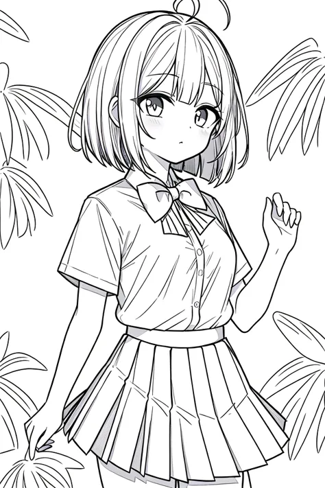 a girl in a school uniform is standing in front of palm trees