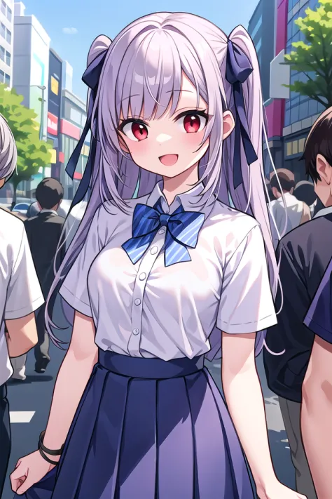 insanely detailed, absurdres, ultra-highres, ultra-detailed, best quality,
1girl, solo, nice hands, perfect hands,
BREAK
summer school uniform with indigo blue bowtie, (short sleeves, dark blue skirt, pleated skirt:1.3), (indigo blue:1.3) bowtie, (white shirt:1.3), shirt with white button, (skirt with many pleats:1.4), plain shirt, plain skirt, (striped bowtie:1.3), shirt_tucked_in 
BREAK
happy smile, laugh, open mouth, standing,
(45 angle:-1.5), (from side:-1.5),
cute pose, cowboy shot,
BREAK
slender, kawaii, perfect symmetrical face, ultra cute girl, ultra cute face, ultra detailed eyes, ultra detailed hair, ultra cute, ultra beautiful,
BREAK
in harajuku, shibuya, tokyo, street, crowd, cityscape,
BREAK
medium large breasts,
(grey hair, red eyes),