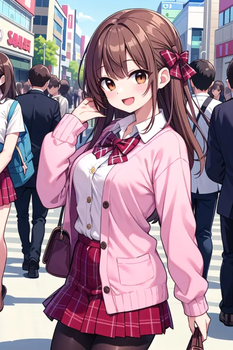 insanely detailed, absurdres, ultra-highres, ultra-detailed, best quality,
1girl, solo, nice hands, perfect hands,
BREAK
(School Uniforms:1.2), (pink cardigan is fit body:1.4), ((do up a buttons, not loose):1.5), ((long sleeve, sleeves past wrists):1.2), (inner wear is white collared-shirt:1.3), (red plaid-pattern bow:1.3), (red plaid-pattern pleated skirt:1.3), ((dark-brown pantyhose, loafers):1.2) 
BREAK
happy smile, laugh, open mouth, standing,
from side,
cute pose, cowboy shot,
BREAK
slender, kawaii, perfect symmetrical face, ultra cute girl, ultra cute face, ultra detailed eyes, ultra detailed hair, ultra cute, ultra beautiful,
BREAK
in harajuku, shibuya, tokyo, street, crowd, cityscape,
BREAK
medium large breasts,
(brown hair, brown eyes), hime cut