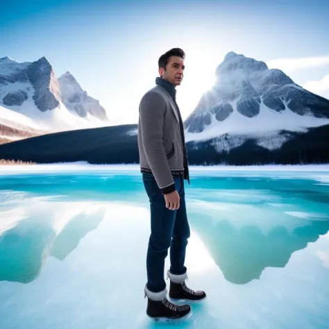 arafed man standing on ice in front of a mountain lake