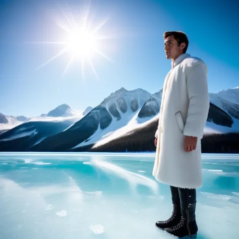 arafed man in white coat standing on ice with mountains in background