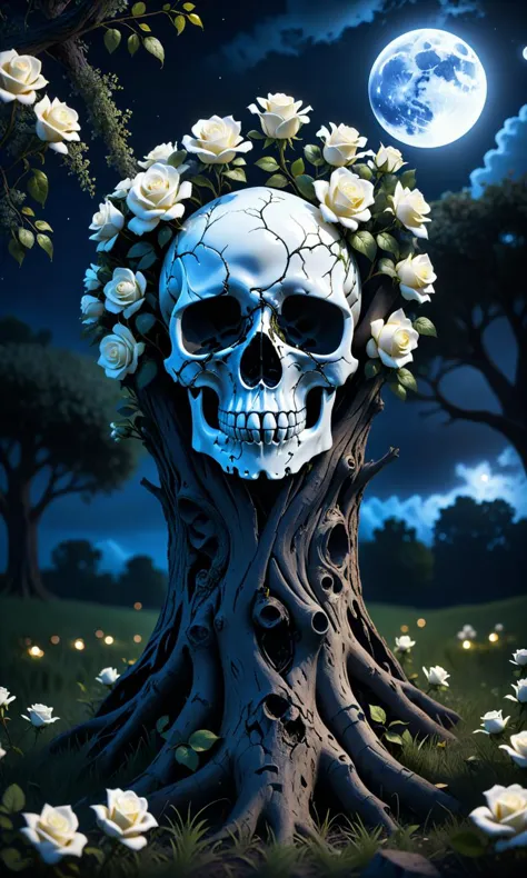 Epoxi_cráneo, A cráneoish body with white roses growing out of it on a tree in a grassy field at night with the moonlight casting from its eyes; fondo: cielo negro arriba; motor irreal 5! texturas de alta resolución 8k!! Tendencia en ArtStation" foto hiperdetallada fotorrealista 