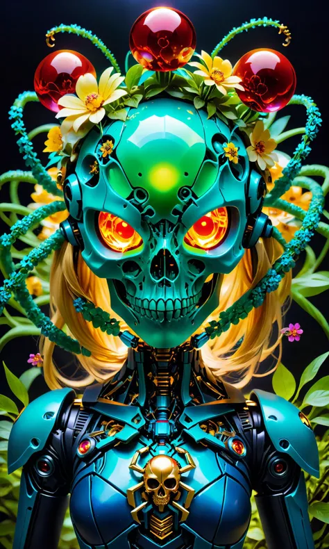 <lora:Skull:0.75> epoxy_skull, A skullish green spider-head female android made of flowers with golden hair and blue eyes holdin...