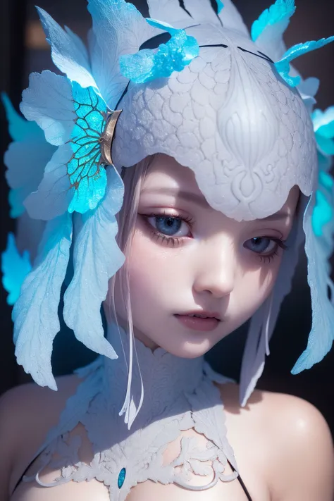 a close up of a woman wearing a white and blue headpiece