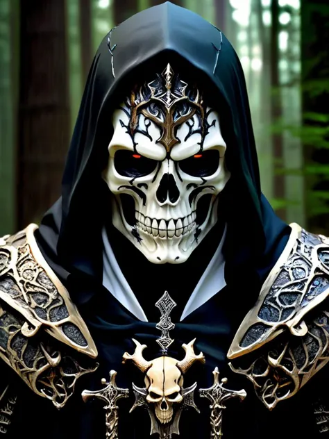 a close up of a person in a hoodedie with a skull on his face