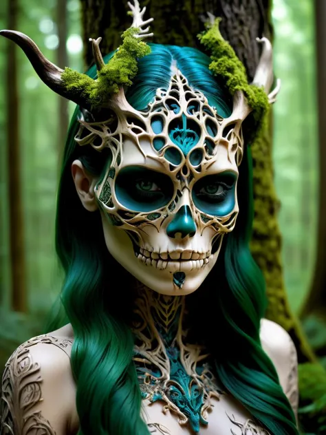 a woman with green hair and a skull makeup in the woods