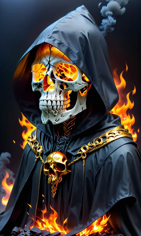 <lora:Skull:0.75> epoxy_skull, A skullish head and a beak" in a hooded cloak made of golden fire; trending on artstation; 90mm!!...
