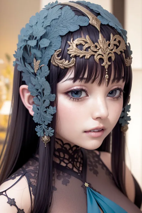 a close up of a woman wearing a headpiece with flowers on it