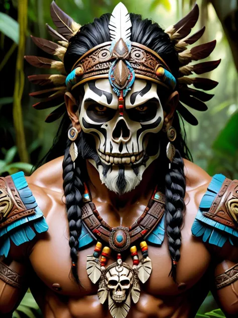 male mythical indian warrior, in the jungle, upper body, masterpiece, perfect face, intricate details, horror theme epoxy_skull <lora:epoxy_skull-sdxl:0.7>