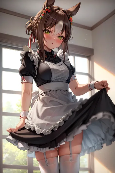 a close up of a woman in a maid outfit holding a skirt