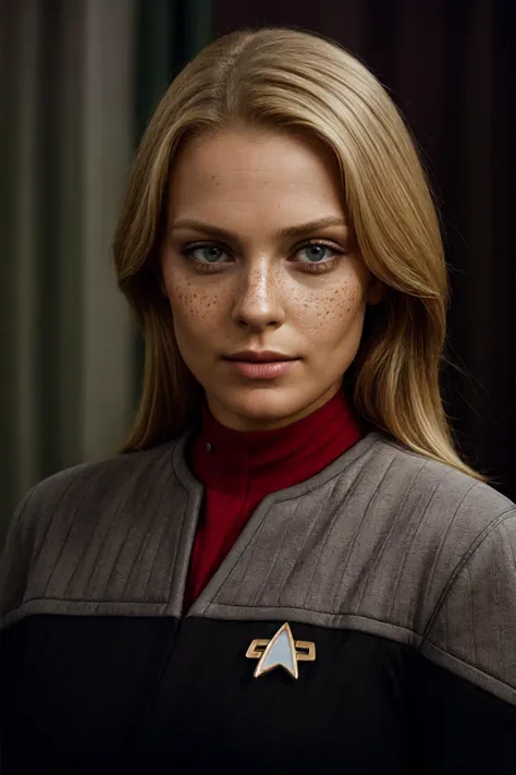 ds9st command  uniform,super cute blond woman in a dark theme,ultra detailed face,detailed eyes,realistic,masterpiece,best quality,HDR,<lora:add_detail:0.88>,realistic skin texture,detailed pupils,amazing hair,beauty marks,freckles,<lora:Ds9Divi:0.8>