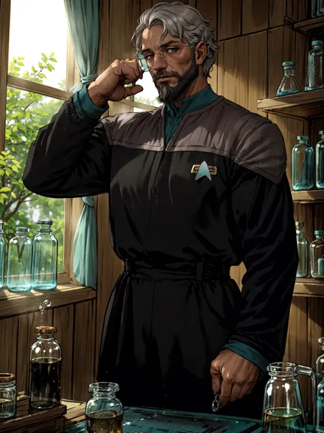 (ds9st science:1.3),black jumpsuit,black sleeves,black pants,teal collar<lora:Ds9Divi:0.8>
BREAK
a male, in an alchemy shop, (large quantity, Magic Potion Bottles), chemical ingredients, beard, older, window, sunlight, plants, muscular, white hair, best quality, masterpiece, extremely detailed, intricate details