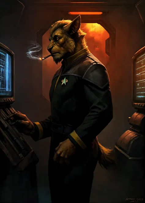 (ds9st yellow and black uniform:1.35)
(by Nomax, by Honovy, by Scrawl, by Taran Fiddler, by Fabercastel, by Blotch),
solo (darkest dungeon:1.25),
(standing, side view, half-length portrait, looking away, smoking:1.25),
BREAK,
(science fiction,space ship,machinery,screens,technical:1.25),
detailed background, depth of field, shadow, ambient silhouette, backlighting,
masterpiece, best quality, 4k, 2k, high detail, absurd res
<lora:Ds9Divi:0.8>