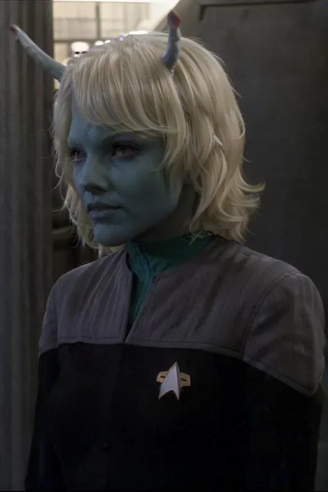 andorian woman, blue skin, white hair, antennae, jumpsuit - SeaArt AI