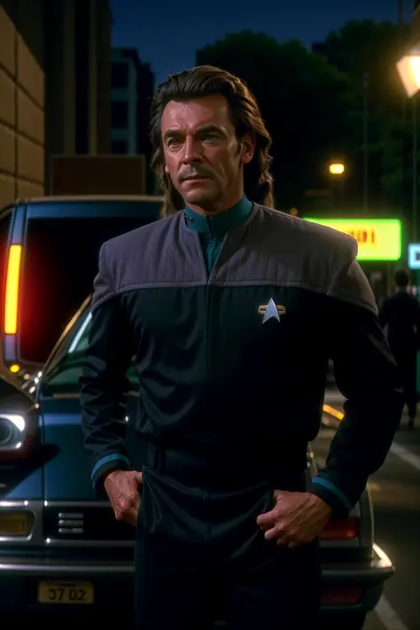 man with a (mullet:1.1) in black and teal ds9st uniform,near a car on a street, 8k uhd, dslr, soft lighting, high quality, film ...