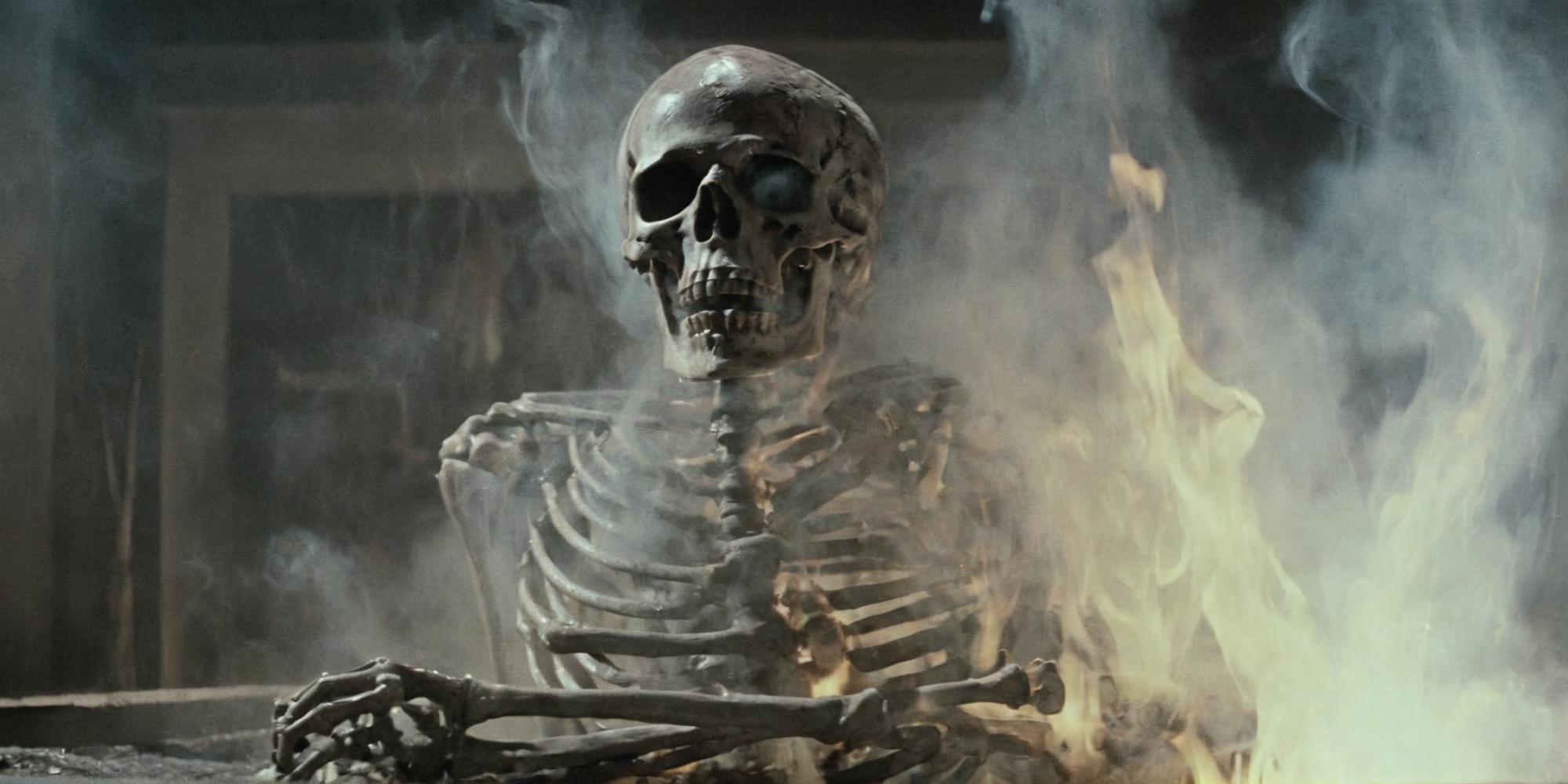 A skeleton sitting in front of a fire with smoke coming out of it - SeaArt  AI