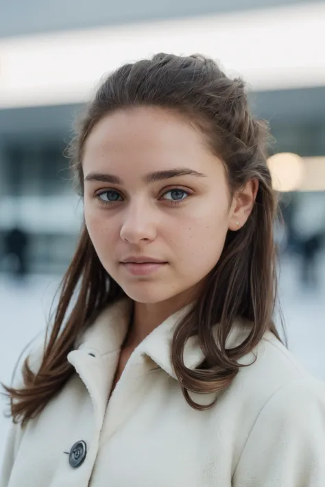 a close up of a woman with a white coat and a white shirt