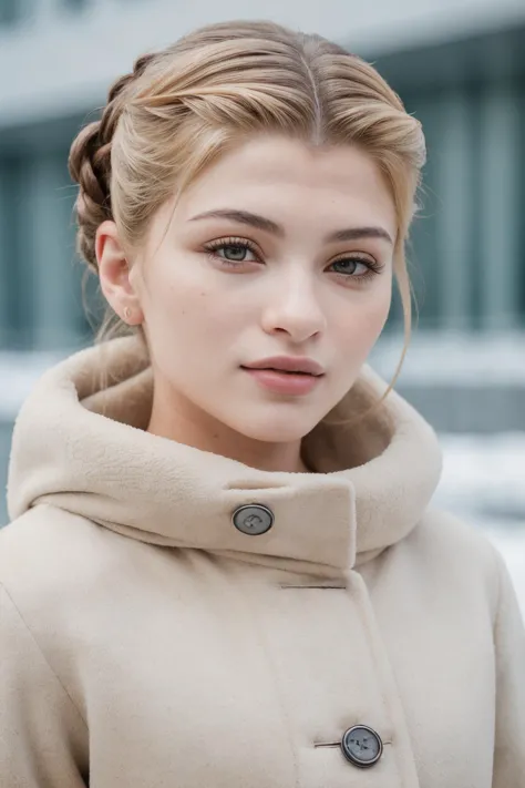 a woman in a coat is standing outside in the snow