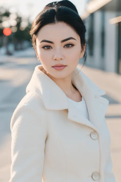 a woman in a white coat is standing on a street