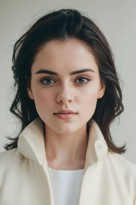 a woman with long hair and a white jacket looking at the camera