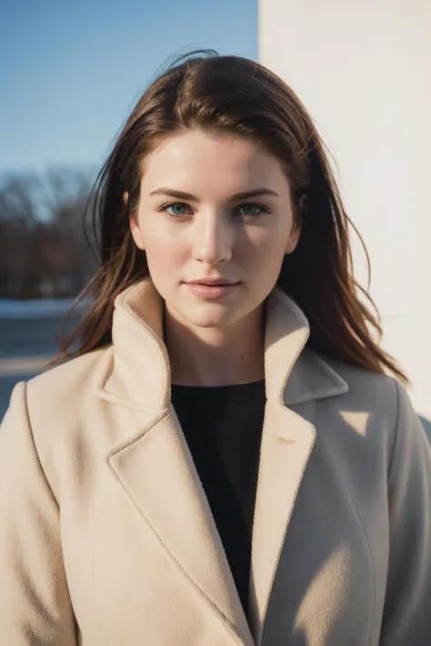 a woman in a coat standing in front of a building