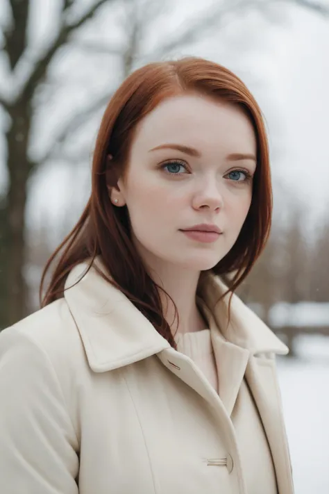 a woman with red hair and a white coat standing in the snow