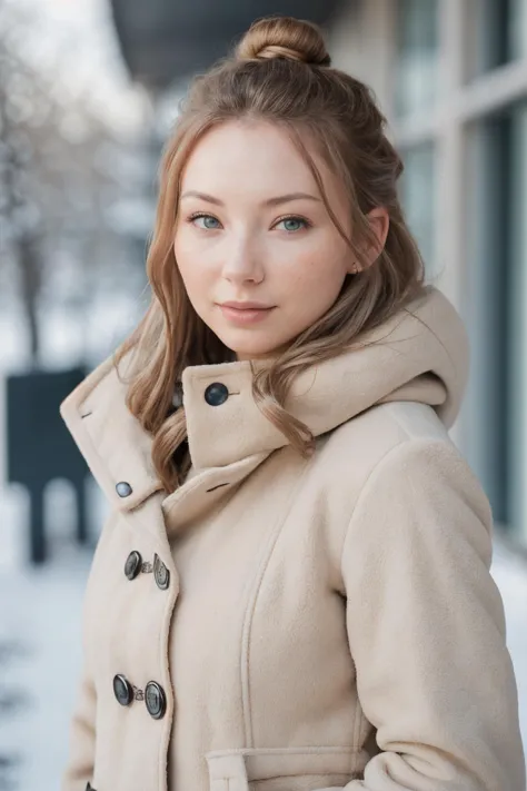 a woman in a coat standing outside in the snow