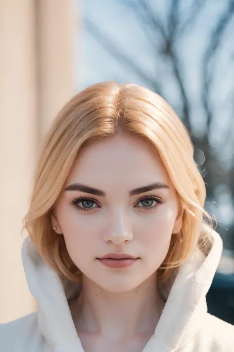 a woman with blonde hair and a white coat is looking at the camera