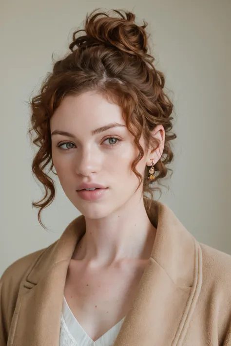 a woman with curly hair wearing a coat and earrings