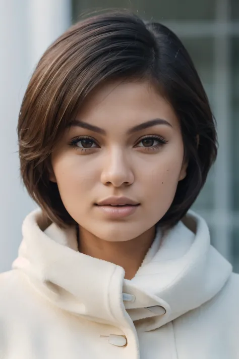 a close up of a woman with a white coat and a white scarf