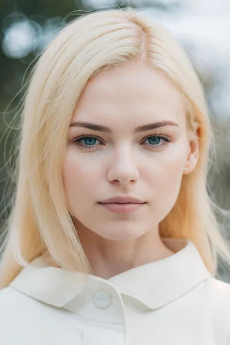 a woman with blonde hair and blue eyes posing for a picture