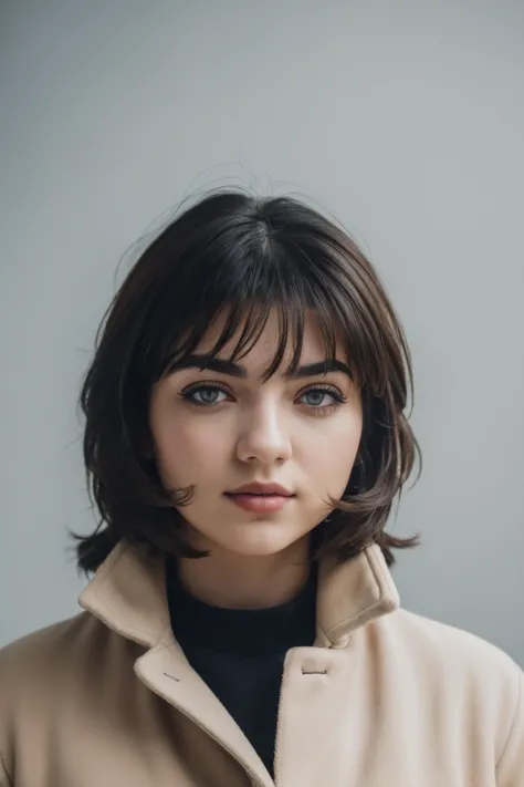 a woman with a short hair and a coat looks at the camera