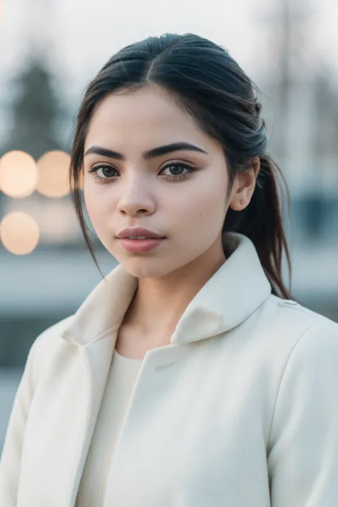 a woman in a white jacket and black pants posing for a picture