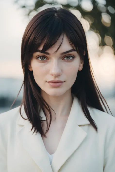 a close up of a woman with long hair wearing a white jacket