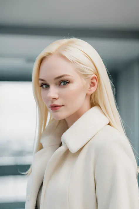 a woman with long blonde hair wearing a white coat