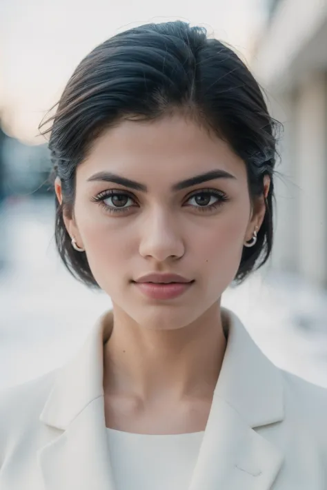 a woman with a white jacket and earrings standing in front of a building