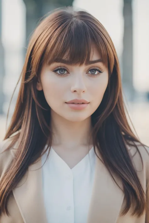 a woman with long brown hair and a white shirt