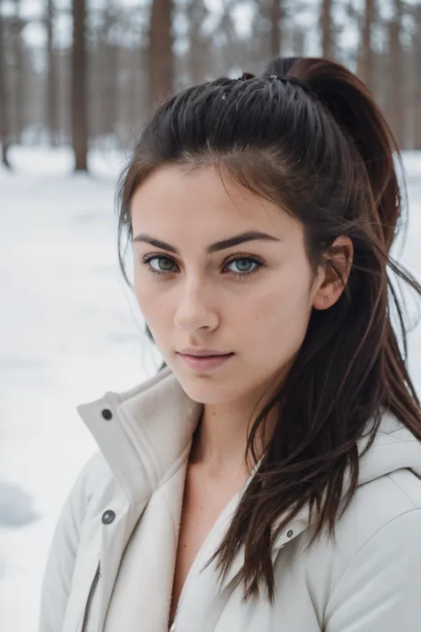 a woman with long hair and a white jacket in the snow