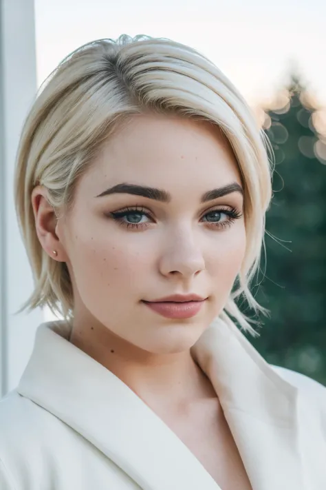 a woman with blonde hair and blue eyes wearing a white jacket