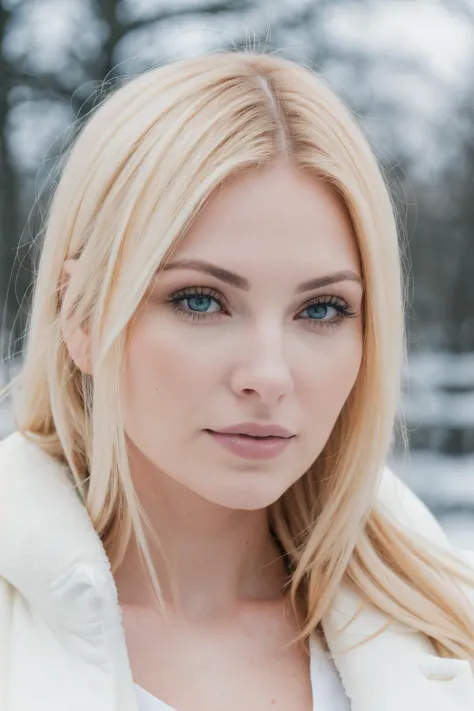 a woman with blonde hair and blue eyes posing for a picture