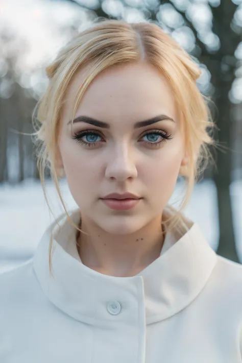 a close up of a woman with a white coat and blue eyes