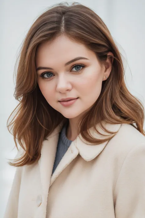 a woman with long hair wearing a beige coat and blue shirt